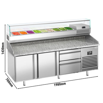 Stół chłodniczy do pizzy PREMIUM PLUS - 1980x700mm - z 2 drzwiami i 2 szufladami - włącznie z witryną chłodniczą nadstawną - 9x GN 1/4 - Prime Gastro