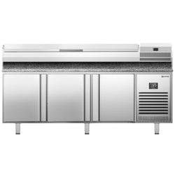 Stół chłodniczy do pizzy PREMIUM PLUS - 1980x700mm - z 3 drzwiami - włącznie z witryną chłodniczą nadstawną - 9x GN 1/4