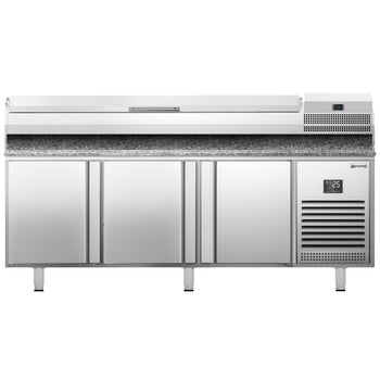 Stół chłodniczy do pizzy PREMIUM PLUS - 1980x700mm - z 3 drzwiami - włącznie z witryną chłodniczą nadstawną - 9x GN 1/4 - Prime Gastro