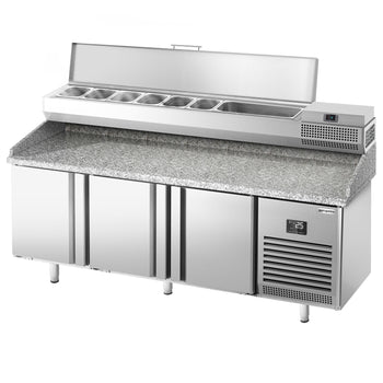 Stół chłodniczy do pizzy PREMIUM PLUS - 1980x700mm - z 3 drzwiami - włącznie z witryną chłodniczą nadstawną - 9x GN 1/4 - Prime Gastro