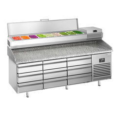 Refrigerated pizza table PREMIUM PLUS - 1980x700mm - with 9 drawers - including a top refrigerated display - 9x GN 1/4