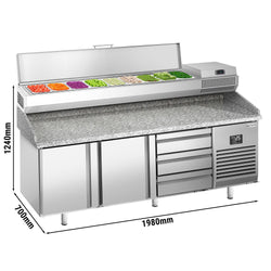 Stół chłodniczy do pizzy PREMIUM PLUS - 1980x700mm - z 2 drzwiami & 3 szufladami - włącznie z witryną chłodniczą nadstawną - 9x GN 1/4