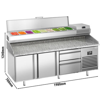 Stół chłodniczy do pizzy PREMIUM PLUS - 1980x700mm - z 2 drzwiami & 2 szufladami - włącznie z witryną chłodniczą nadstawną - 9x GN 1/4 - Prime Gastro