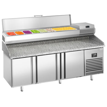 Stół chłodniczy do pizzy PREMIUM PLUS - 1980x700mm - z 3 drzwiami - włącznie z witryną chłodniczą nadstawną - 9x GN 1/4 - Prime Gastro