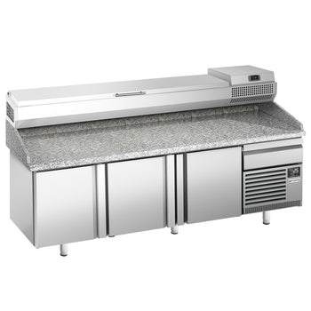 Stół chłodniczy do pizzy PREMIUM PLUS - 2305x800mm - z 3 drzwiami - włącznie z witryną chłodniczą nadstawną - 11x GN 1/4 - Prime Gastro