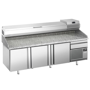 Stół chłodniczy do pizzy PREMIUM PLUS - 2305x800mm - z 3 drzwiami - włącznie z witryną chłodniczą nadstawną - 10x GN 1/3 - Prime Gastro