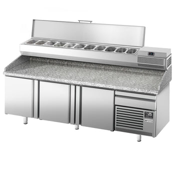 Stół chłodniczy do pizzy PREMIUM PLUS - 2305x800mm - z 3 drzwiami - włącznie z witryną chłodniczą nadstawną - 11x GN 1/4 - Prime Gastro