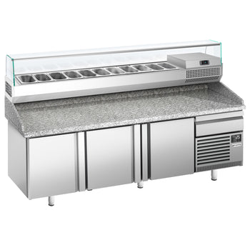 Stół chłodniczy do pizzy PREMIUM PLUS - 2305x800mm - z 3 drzwiami - włącznie z witryną chłodniczą nadstawną - 11x GN 1/4 - Prime Gastro