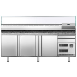 Stół chłodniczy do pizzy PREMIUM PLUS - 2305x800mm - z 3 drzwiami - włącznie z witryną chłodniczą nadstawną - 11x GN 1/4