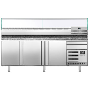 Stół chłodniczy do pizzy PREMIUM PLUS - 1980x700mm - z 3 drzwiami - włącznie z witryną chłodniczą nadstawną- 9x GN 1/4 - Prime Gastro