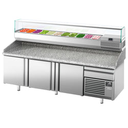Stół chłodniczy do pizzy PREMIUM PLUS - 2305x800mm - z 3 drzwiami - włącznie z witryną chłodniczą nadstawną - 11x GN 1/4