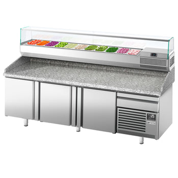 Stół chłodniczy do pizzy PREMIUM PLUS - 2305x800mm - z 3 drzwiami - włącznie z witryną chłodniczą nadstawną - 11x GN 1/4 - Prime Gastro
