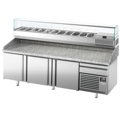 Stół chłodniczy do pizzy PREMIUM PLUS - 2305x800mm - z 3 drzwiami - włącznie z witryną chłodniczą nadstawną - 11x GN 1/4