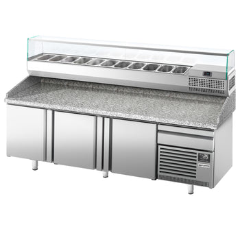Stół chłodniczy do pizzy PREMIUM PLUS - 2305x800mm - z 3 drzwiami - włącznie z witryną chłodniczą nadstawną - 11x GN 1/4 - Prime Gastro