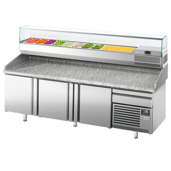 Stół chłodniczy do pizzy PREMIUM PLUS - 2305x800mm - z 3 drzwiami - włącznie z witryną chłodniczą nadstawną - 10x GN 1/3 - Prime Gastro