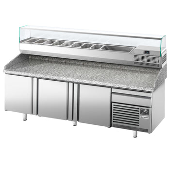 Stół chłodniczy do pizzy PREMIUM PLUS - 2305x800mm - z 3 drzwiami - włącznie z witryną chłodniczą nadstawną - 10x GN 1/3 - Prime Gastro