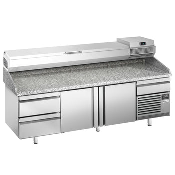 Stół chłodniczy do pizzy PREMIUM PLUS - 2305x800mm - z 2 drzwiami & 2 szufladami - włącznie z witryną chłodniczą nadstawną - 11x GN 1/4 - Prime Gastro