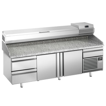 Stół chłodniczy do pizzy Premium PLUS - 2305x800mm - z 2 drzwiami & 2 szufladami - włącznie z witryną chłodniczą nadstawną - 10x GN 1/3 - Prime Gastro