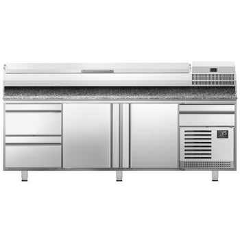Stół chłodniczy do pizzy Premium PLUS - 2305x800mm - z 2 drzwiami & 2 szufladami - włącznie z witryną chłodniczą nadstawną - 10x GN 1/3 - Prime Gastro