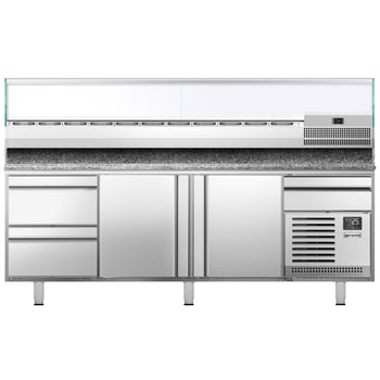 Stół chłodniczy do pizzy PREMIUM PLUS - 2305x800mm - z 2 drzwiami & 2 szufladami - włącznie z witryną chłodniczą nadstawną - 11x GN 1/4 - Prime Gastro