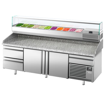 Stół chłodniczy do pizzy PREMIUM PLUS - 2305x800mm - z 2 drzwiami & 2 szufladami - włącznie z witryną chłodniczą nadstawną - 11x GN 1/4 - Prime Gastro