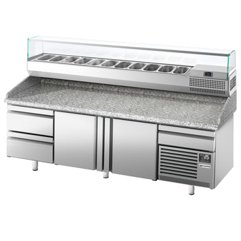 Stół chłodniczy do pizzy PREMIUM PLUS - 2305x800mm - z 2 drzwiami & 2 szufladami - włącznie z witryną chłodniczą nadstawną - 11x GN 1/4 - Prime Gastro