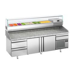 Refrigerated pizza table PREMIUM PLUS - 2305x800mm - with 2 doors & 2 drawers - including top refrigerated display - 10x GN 1/3