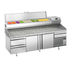 Refrigerated pizza table Premium PLUS - 2305x800mm - with 2 doors & 2 drawers - including top refrigerated display - 10x GN 1/3