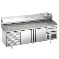 Stół chłodniczy do pizzy PREMIUM PLUS - 2305x800mm - z 2 drzwiami & 6 szufladami - włącznie z witryną chłodniczą nadstawną - 11x GN 1/4