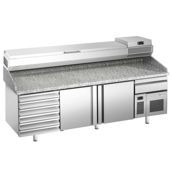 Stół chłodniczy do pizzy PREMIUM PLUS - 2305x800mm - z 2 drzwiami & 6 szufladami - włącznie z witryną chłodniczą nadstawną - 11x GN 1/4 - Prime Gastro