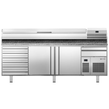 Stół chłodniczy do pizzy PREMIUM PLUS - 2305x800mm - z 2 drzwiami & 6 szufladami - włącznie z witryną chłodniczą nadstawną - 11x GN 1/4 - Prime Gastro