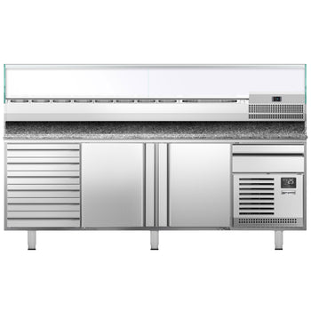 Stół chłodniczy do pizzy PREMIUM PLUS - 2305x800mm - z 2 drzwiami & 6 szufladami - włącznie z witryną chłodniczą nadstawną - 11x GN 1/4 - Prime Gastro