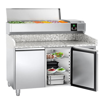 Stół chłodniczy do pizzy PREMIUM - 1500x800mm - z 2 drzwiami - włącznie z witryną chłodniczą nadstawną - 7x GN 1/4 - Prime Gastro