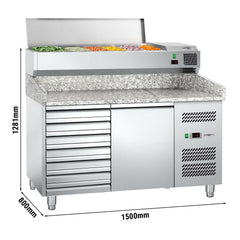 Refrigerated pizza table ECO - 1500x800mm - with 1 door & 7 drawers - including a top-mounted refrigerated display case