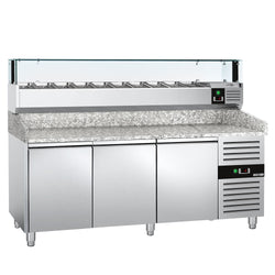 Stół chłodniczy do pizzy PREMIUM - 2000x800mm - z 3 drzwiami - włącznie z witryną chłodniczą nadstawną LED - 10x GN 1/4