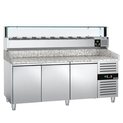 Stół chłodniczy do pizzy PREMIUM - 2000x800mm - z 3 drzwiami - włącznie z witryną chłodniczą nadstawną LED - 9x GN 1/3