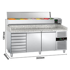 Refrigerated pizza table PREMIUM - 2000x800mm - with 2 doors and 7 drawers - including a top refrigerated display - 9x GN 1/3