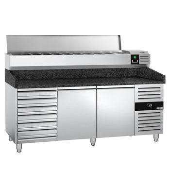 Stół chłodniczy do pizzy PREMIUM - 2000x800mm - z 2 drzwiami i 7 szufladami - włącznie z witryną chłodniczą nadstawną - 9x GN 1/3 - Prime Gastro