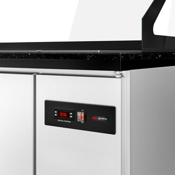 Stół Sałatkowy TORONTO - 2550mm - 4 drzwi - dla 6x GN 1/1 - czarny panel przedni - czarny granitowy blat roboczy kuchenny - Prime Gastro