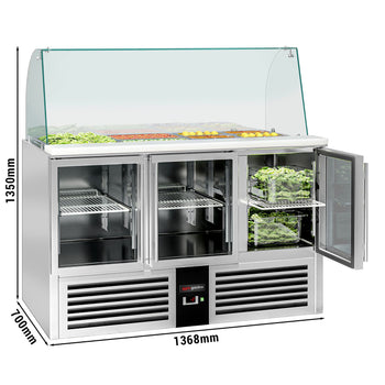 Stół Sałatkowy PREMIUM - 1368 mm - wysoka szklana nadstawka - 4x GN 1/1 - 3 szklane drzwi - Prime Gastro
