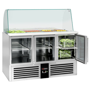 Stół Sałatkowy PREMIUM - 1368 mm - wysoka szklana nadstawka - 4x GN 1/1 - 3 szklane drzwi - Prime Gastro