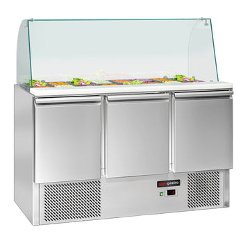 Stół Sałatkowy ECO - 1368 mm - 3 drzwi - dla 4x GN 1/1 - wysoka szklana nadstawka - Prime Gastro