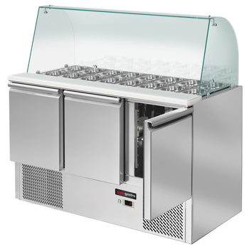 Stół Sałatkowy ECO - 1368 mm - 3 drzwi - dla 4x GN 1/1 - wysoka szklana nadstawka - Prime Gastro