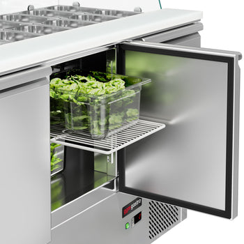 Stół Sałatkowy ECO - 1368 mm - 3 drzwi - dla 4x GN 1/1 - wysoka szklana nadstawka - Prime Gastro
