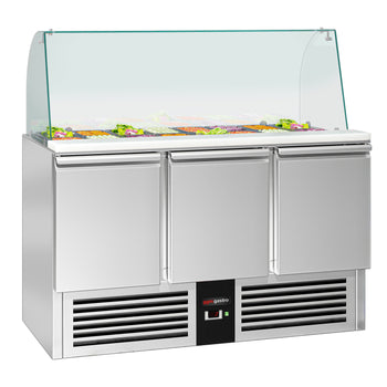 Stół Sałatkowy PREMIUM - 1368mm - 4x GN 1/1 - wysoka szklana nadstawka - 3 drzwi - Prime Gastro