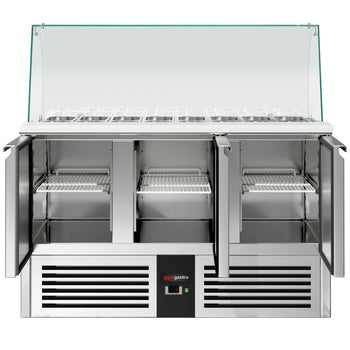 Stół Sałatkowy PREMIUM - 1368mm - 4x GN 1/1 - wysoka szklana nadstawka - 3 drzwi - Prime Gastro