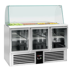 Stół Sałatkowy PREMIUM - 1368 mm - wysoka szklana nadstawka - 4x GN 1/1 - 3 szklane drzwi