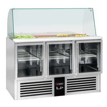 Stół Sałatkowy PREMIUM - 1368 mm - wysoka szklana nadstawka - 4x GN 1/1 - 3 szklane drzwi - Prime Gastro