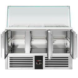 Stół Sałatkowy PREMIUM - 1368 mm - wysoka szklana nadstawka - 4x GN 1/1 - 3 szklane drzwi