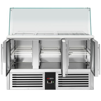 Stół Sałatkowy PREMIUM - 1368 mm - wysoka szklana nadstawka - 4x GN 1/1 - 3 szklane drzwi - Prime Gastro